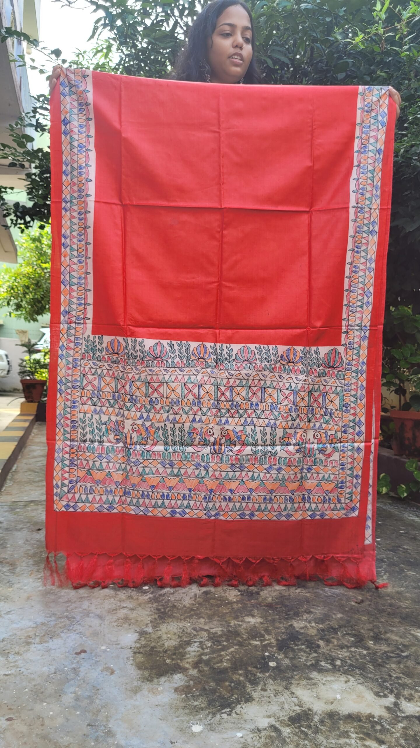 Hand painted munga tussar silk dupatta with tassels - Image 6