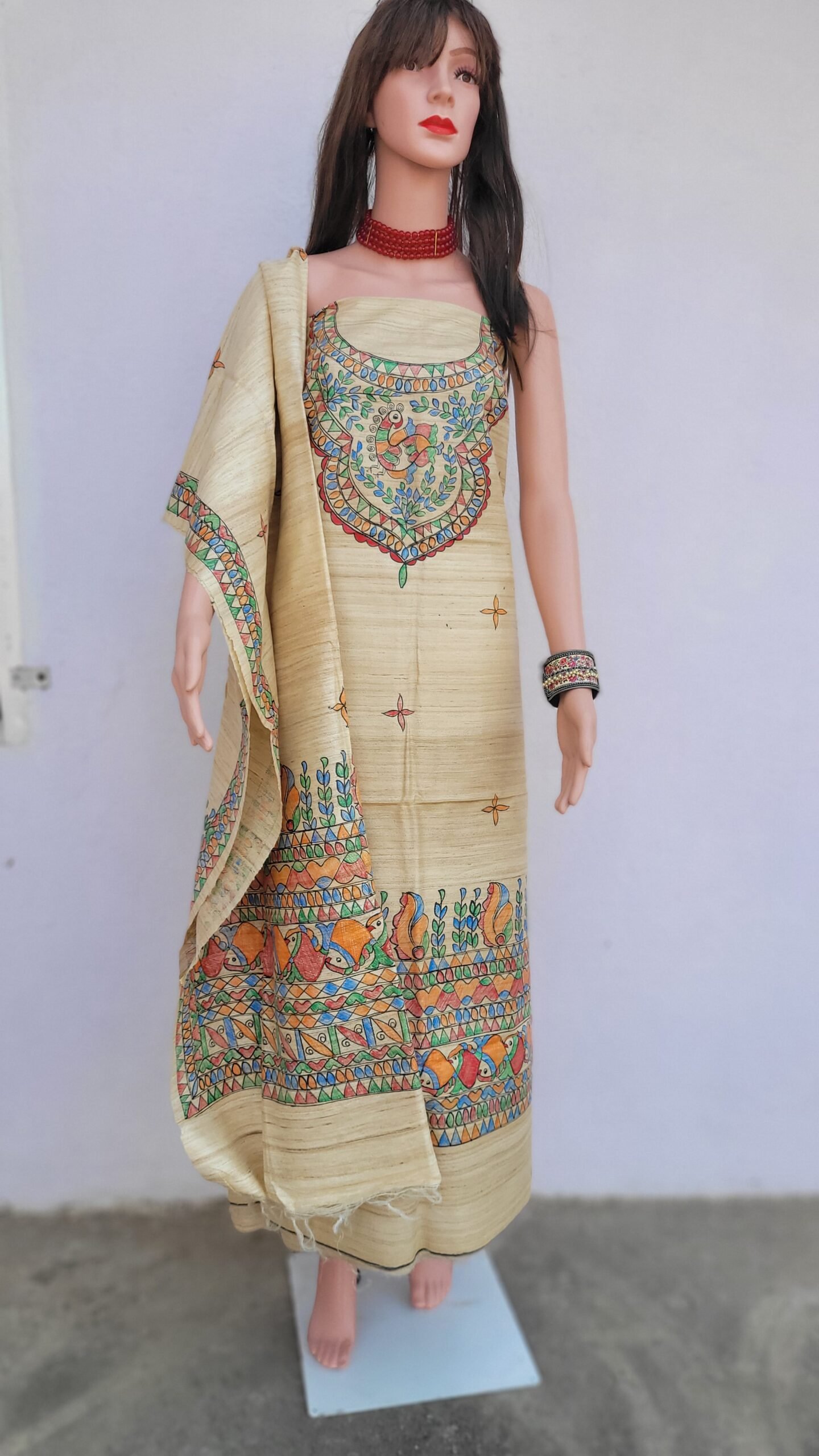 dancing fish gheecha silk kurta and dupatta set
