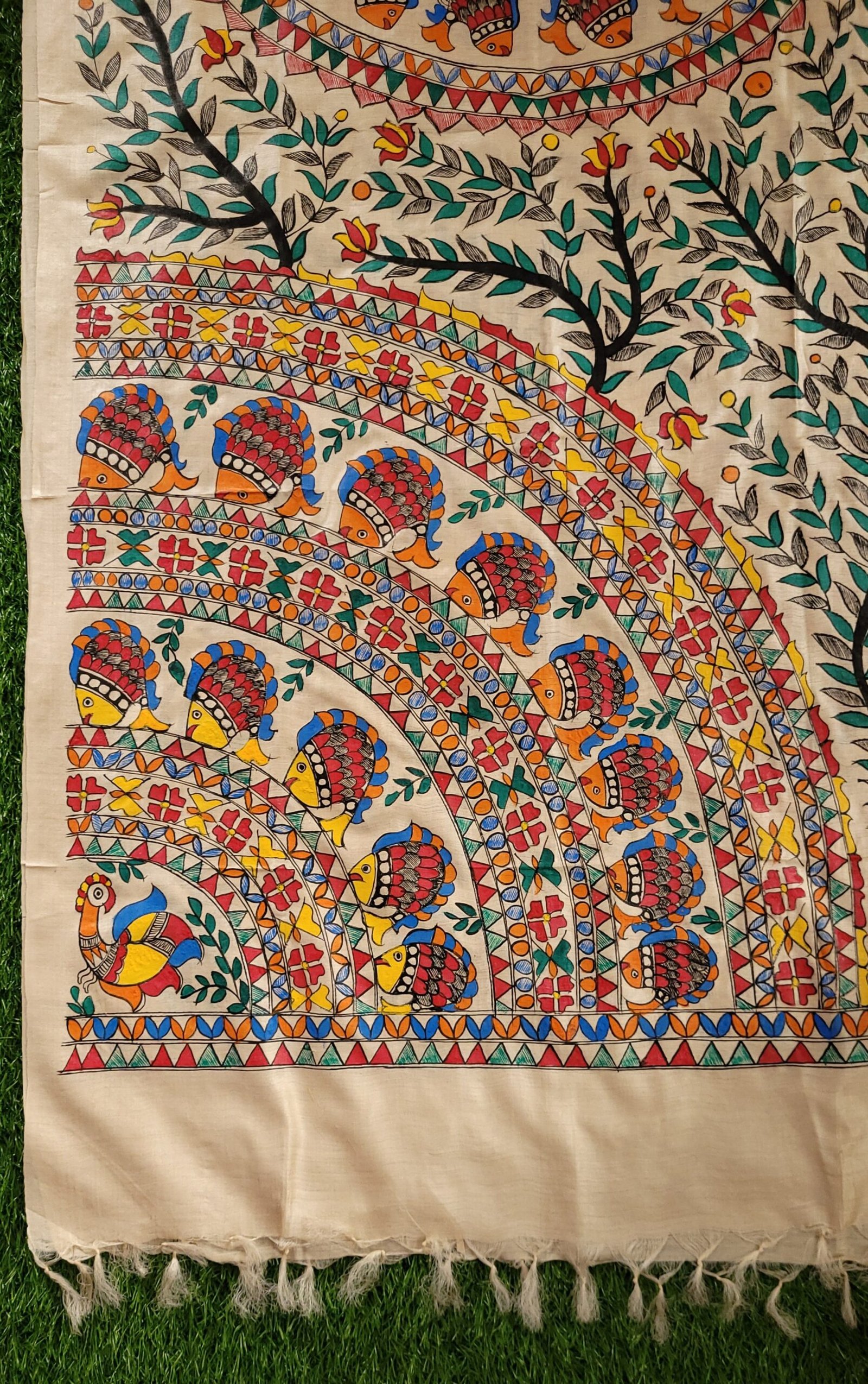 Natural Beige symmetrical fish motifs Madhubani hand painted dupatta - Image 2