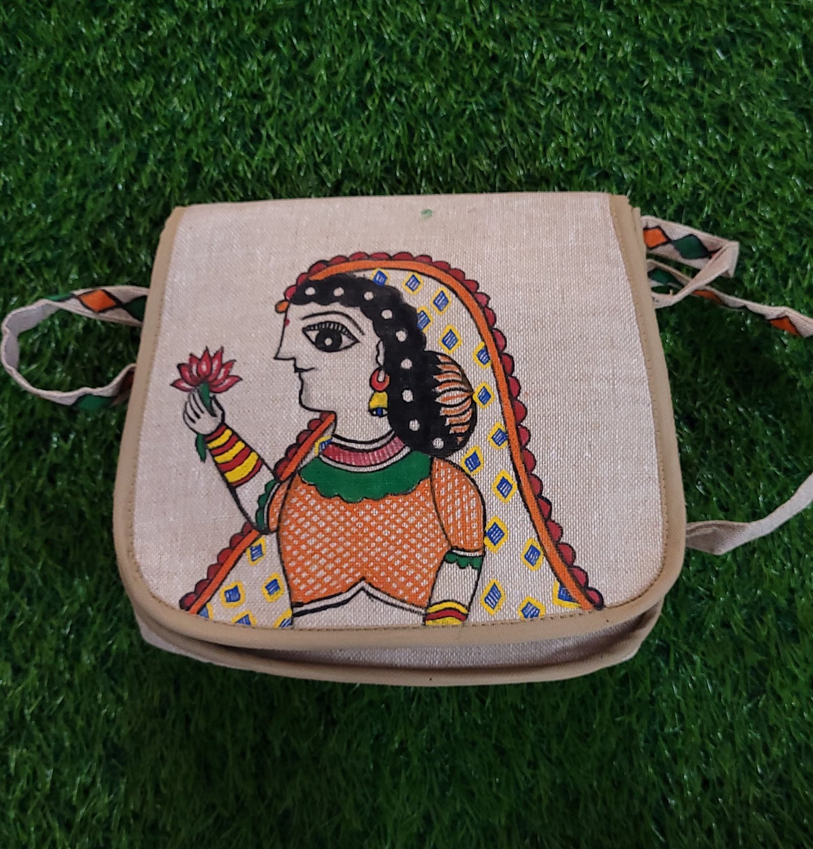 hand painted jute sling bag