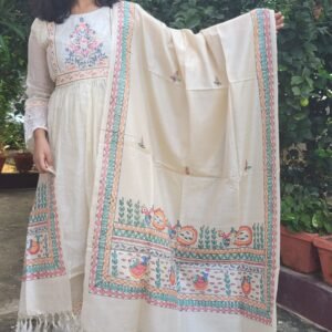 Hand painted Madhubani peacock and fish motif dupatta with tassels