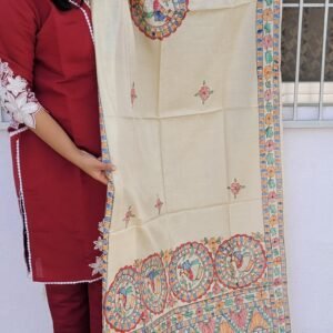 hand painted munga tussar silk dupatta with tessels