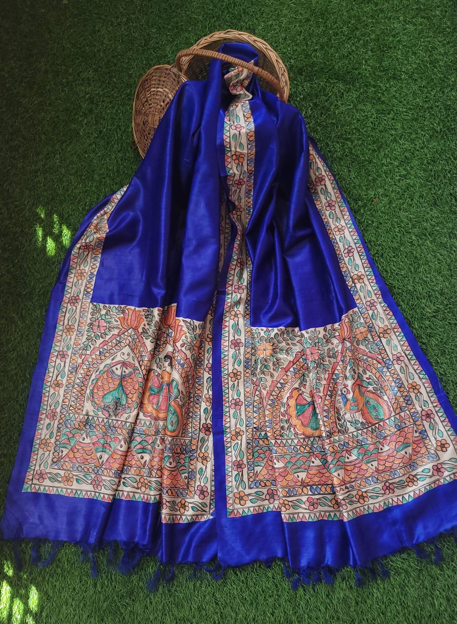 hand painted munga tussar silk dupatta with madhubani motifs - Image 2