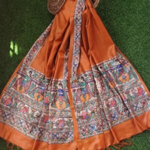 hand painted Madhubani peacock and palki designdupatta with tassels