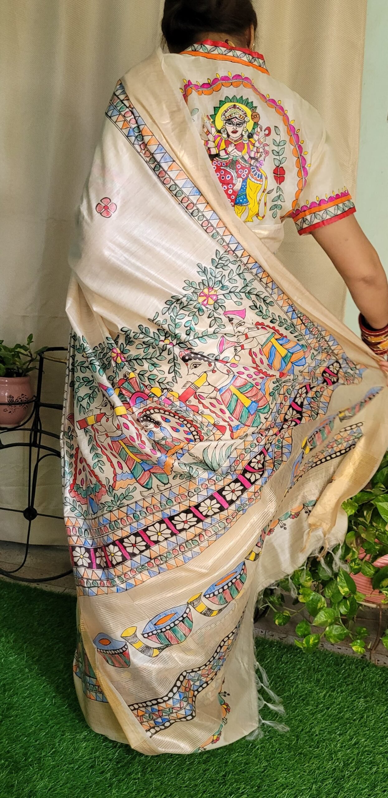Munga tussar silk mark certified madhubani hand painted saree (with zari border) - Image 5