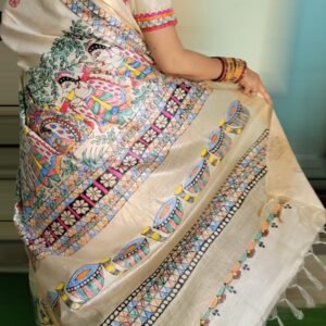 Munga tussar silk mark certified madhubani hand painted saree (with zari border)