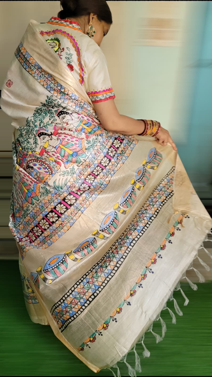 Munga tussar silk mark certified madhubani hand painted saree (with zari border)