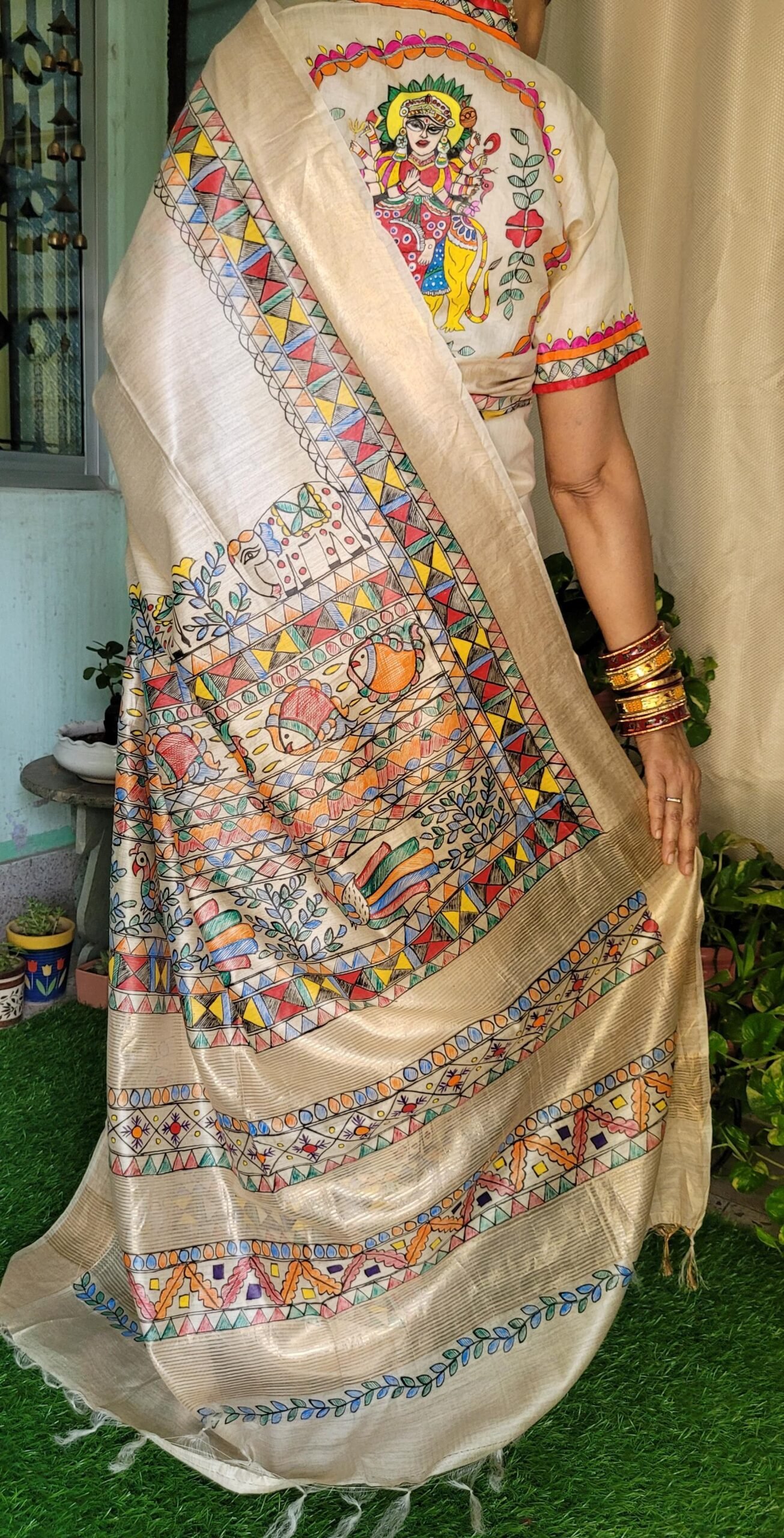 Fish, Peacock & Elephant Motif Munga Tussar Silk Saree with Zari Border