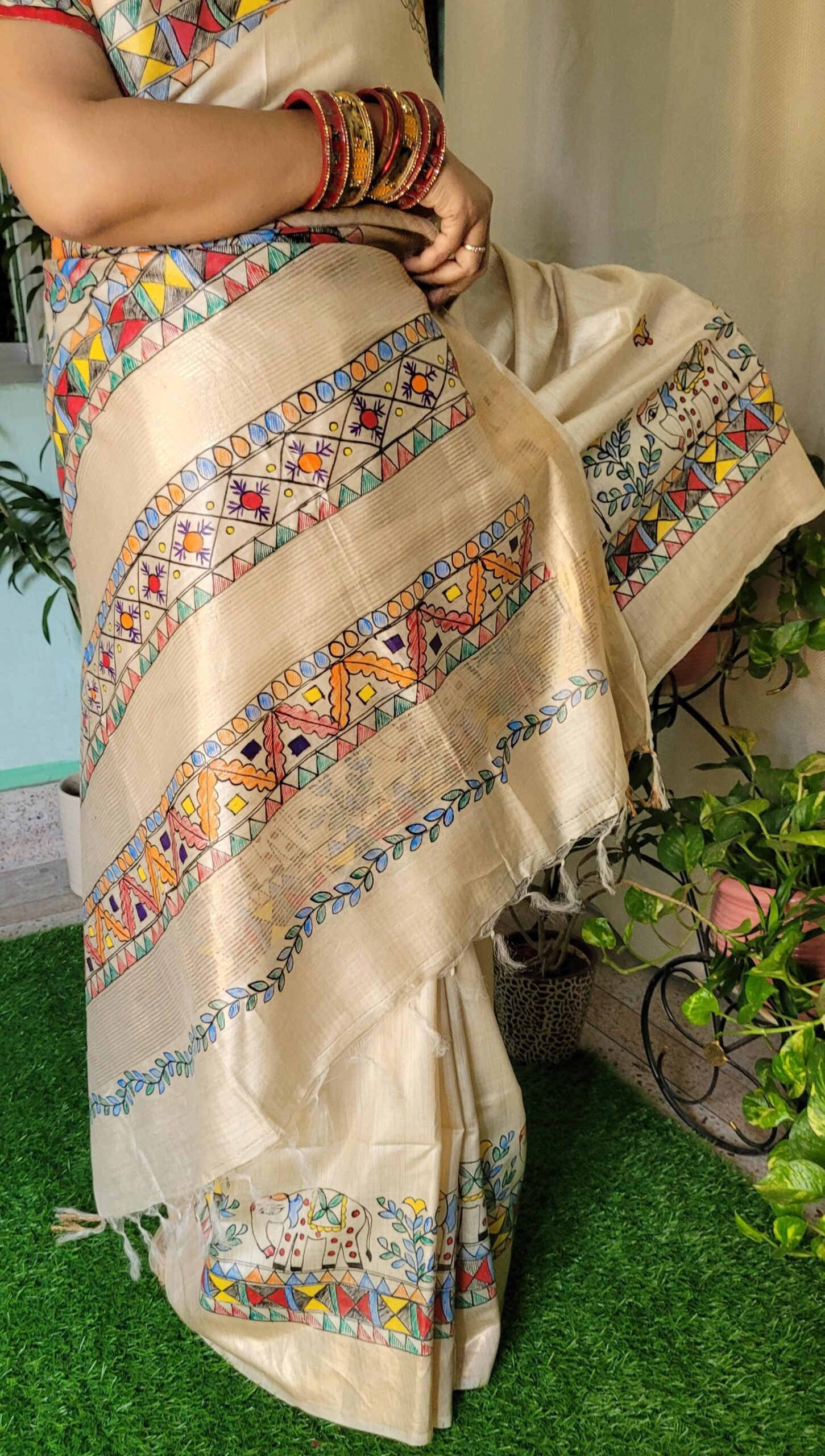 Fish, Peacock & Elephant Motif Munga Tussar Silk Saree with Zari Border - Image 2