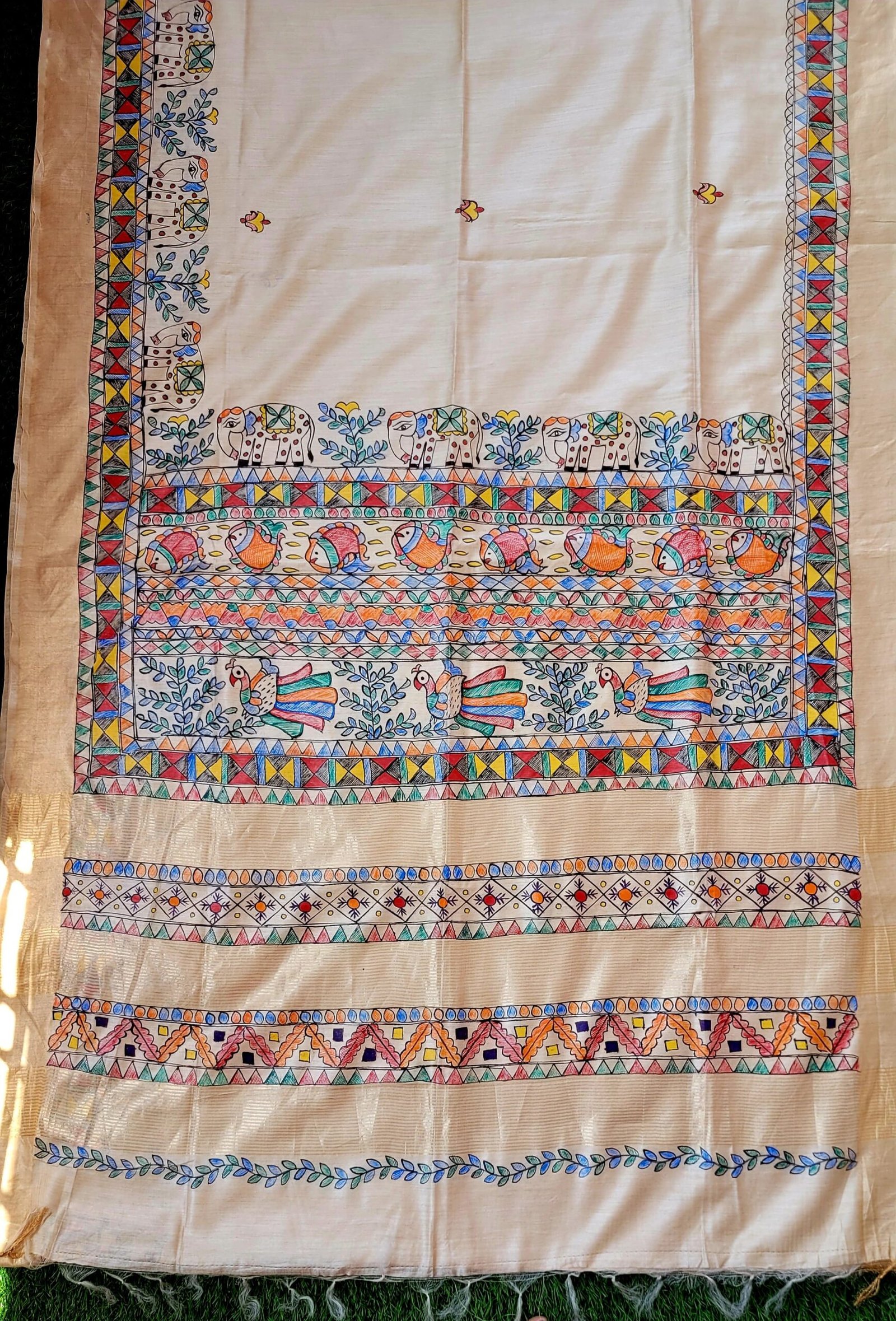 Fish, Peacock & Elephant Motif Munga Tussar Silk Saree with Zari Border - Image 4
