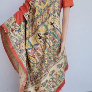 Hand painted gheecha silk saree with madhubani motifs