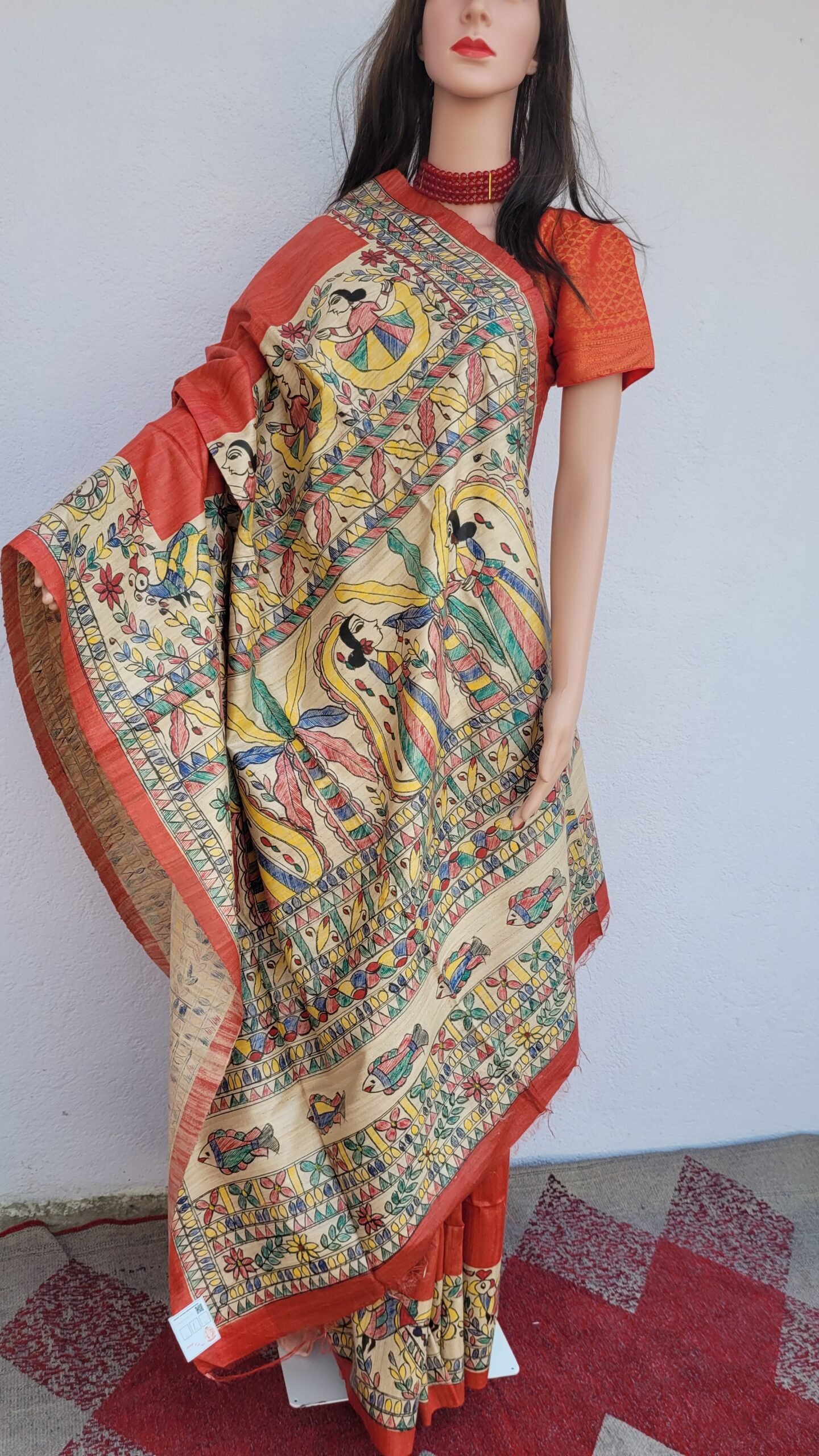 Hand painted gheecha silk saree with madhubani motifs