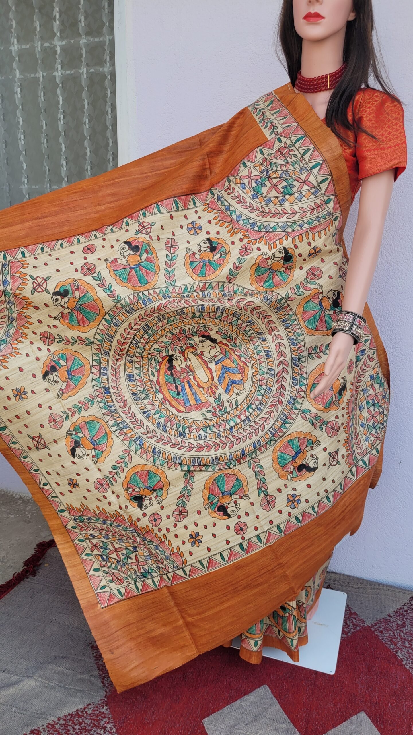 Madhubani motif tussar gheecha silk saree