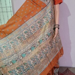 Beautiful Orange beige munga tussar digital printed silk saree