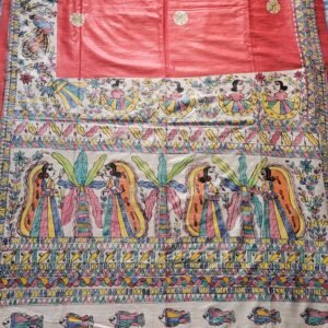 Hand painted gheecha silk saree with madhubani motifs
