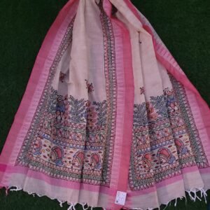 Hand painted cotton dupatta with peacock and flower motifs