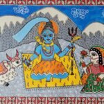 Explore the beauty of shiv parvati at kailash with nandi madhubani painting