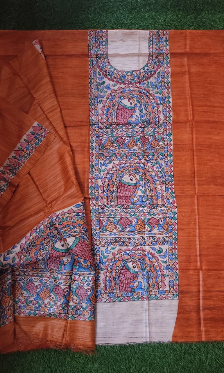 orange Gheecha silk Suit with dupatta with fish motif