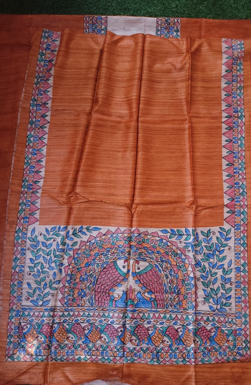 orange Gheecha silk Suit with dupatta with fish motif - Image 2