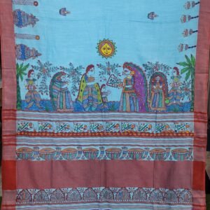 Chhath puja theme Aqua blue linen cotton red border saree
