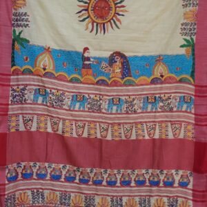 Chhath theme linen cotton cream saree