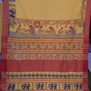 Chhath Puja theme Golden yellow red border linen cotton saree