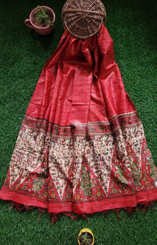 Tribal printed Red Gheecha Tussar dupatta - Image 4