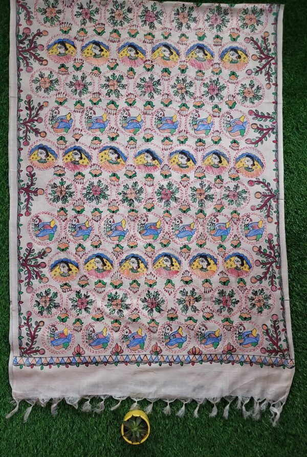 Natural beige Munga Tussar Hand painted dupatta - Image 3