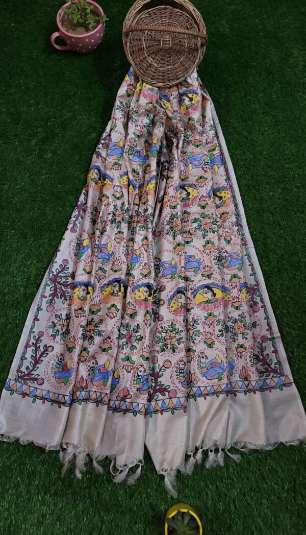 Natural beige Munga Tussar Hand painted dupatta - Image 4