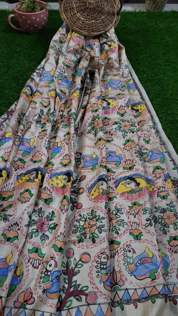 Natural beige Munga Tussar Hand painted dupatta - Image 6