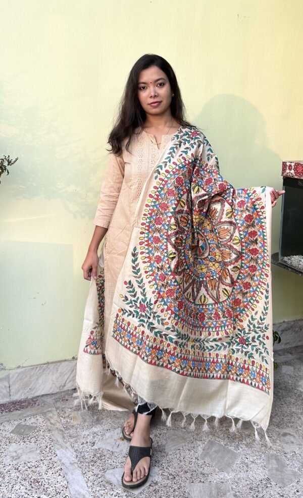 symmetrical flower and dancing girl full work munga tussar dupatta
