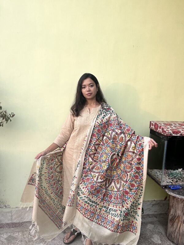 symmetrical flower and dancing girl full work munga tussar dupatta - Image 8