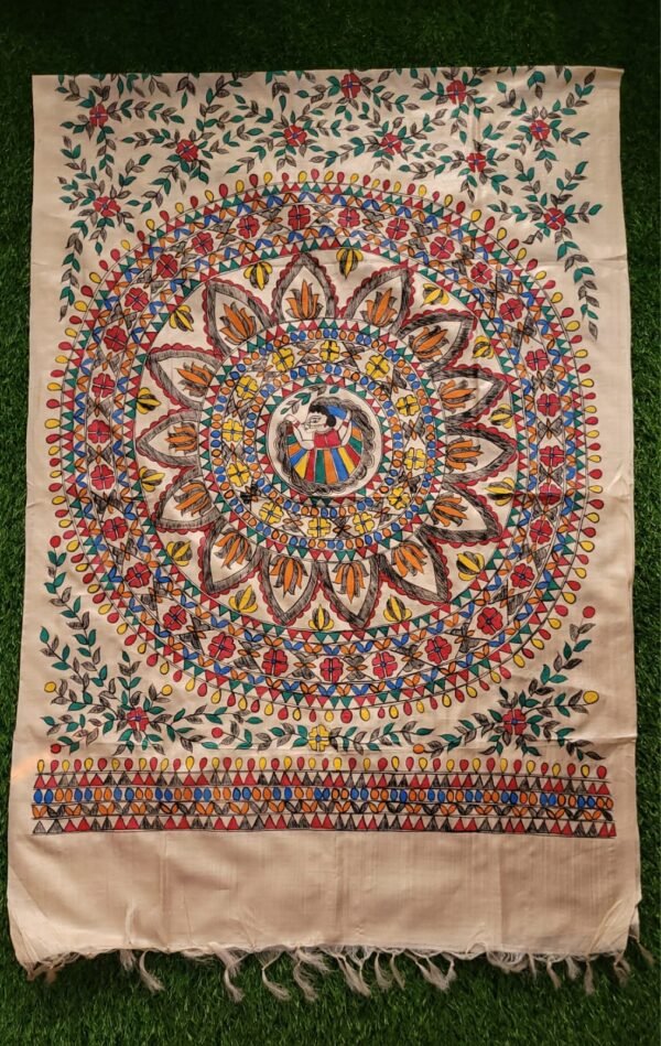 symmetrical flower and dancing girl full work munga tussar dupatta - Image 4
