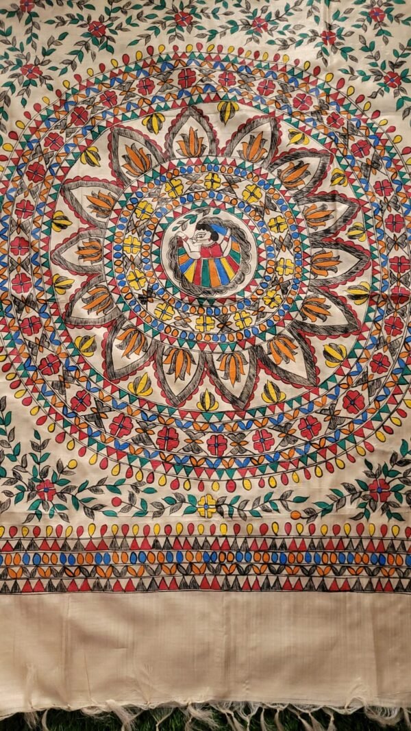 symmetrical flower and dancing girl full work munga tussar dupatta - Image 5