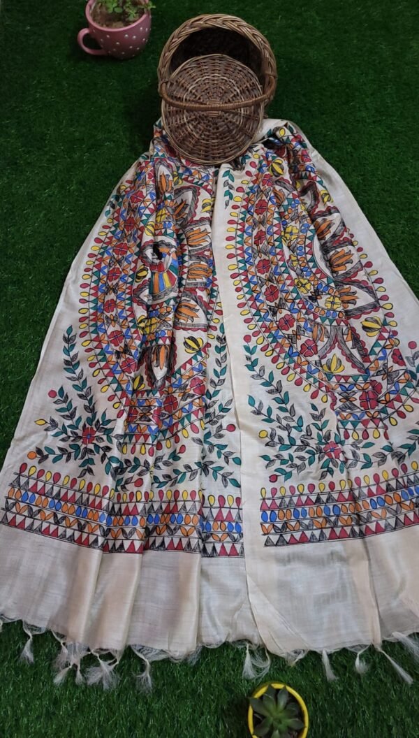 symmetrical flower and dancing girl full work munga tussar dupatta - Image 2