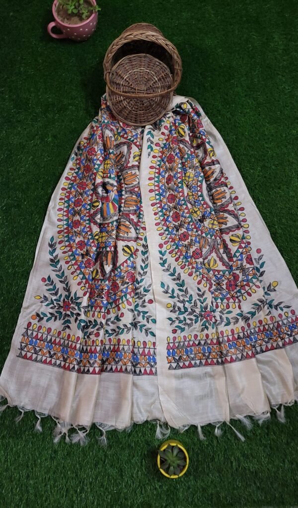 symmetrical flower and dancing girl full work munga tussar dupatta - Image 3
