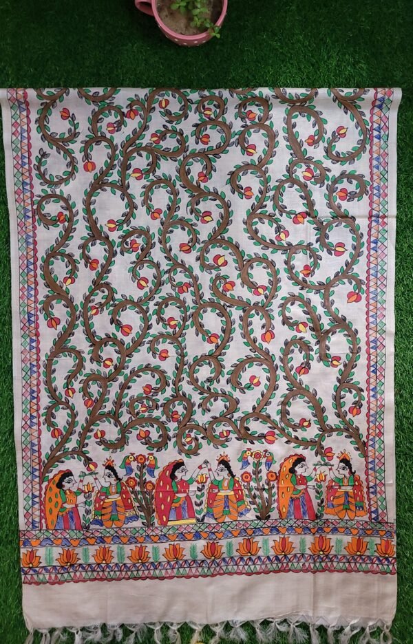 Radha Krishna Rass-Hand Painted Munga Tussar Dupatta - Image 2