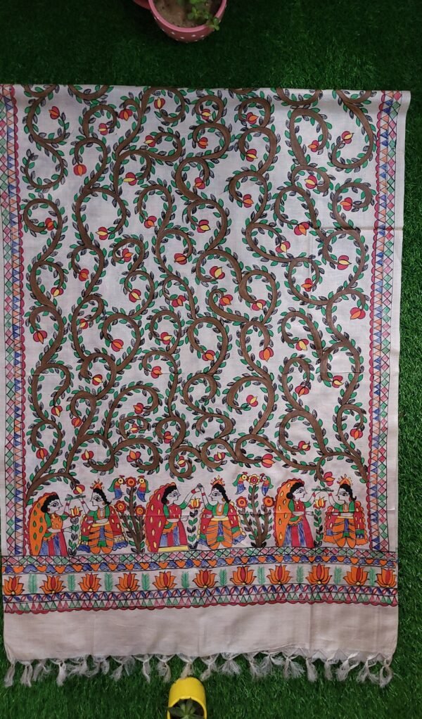 Radha Krishna Rass-Hand Painted Munga Tussar Dupatta - Image 3