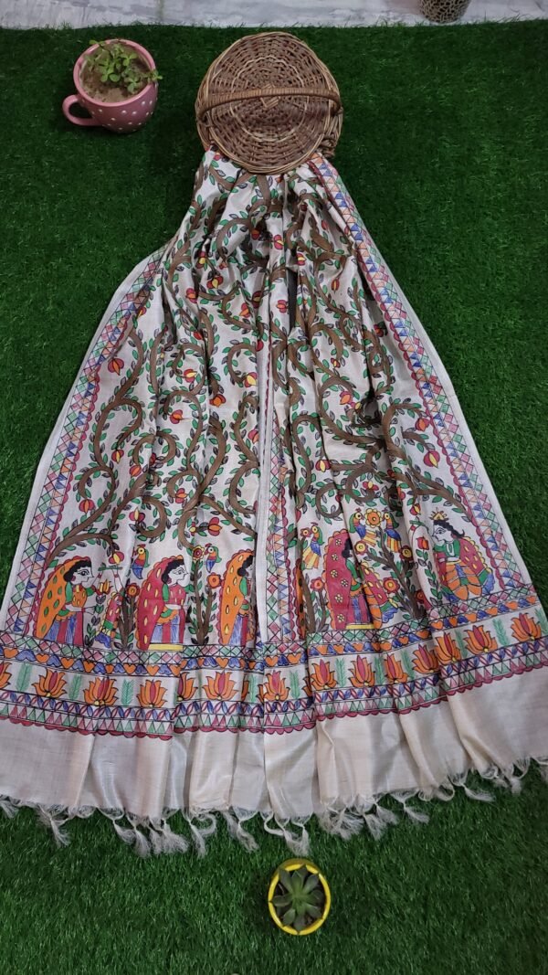 Radha Krishna Rass-Hand Painted Munga Tussar Dupatta - Image 5