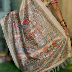 Hand Painted Tussar Silk Saree With Madhubani Motifs
