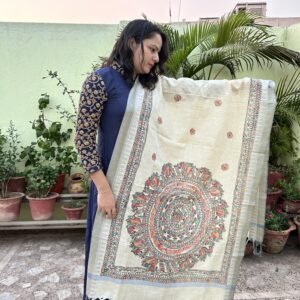 Hand painted cotton dupatta with peacock and flower motifs.