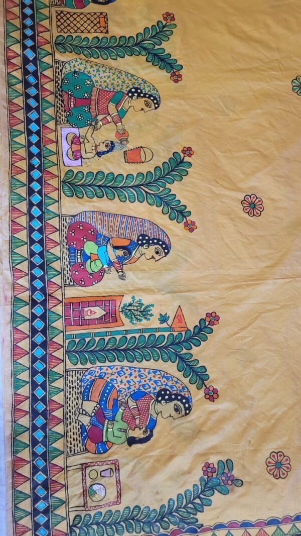 Vatsalya (mother's love) hand painted Mulberry silk golden yellow saree - Image 3
