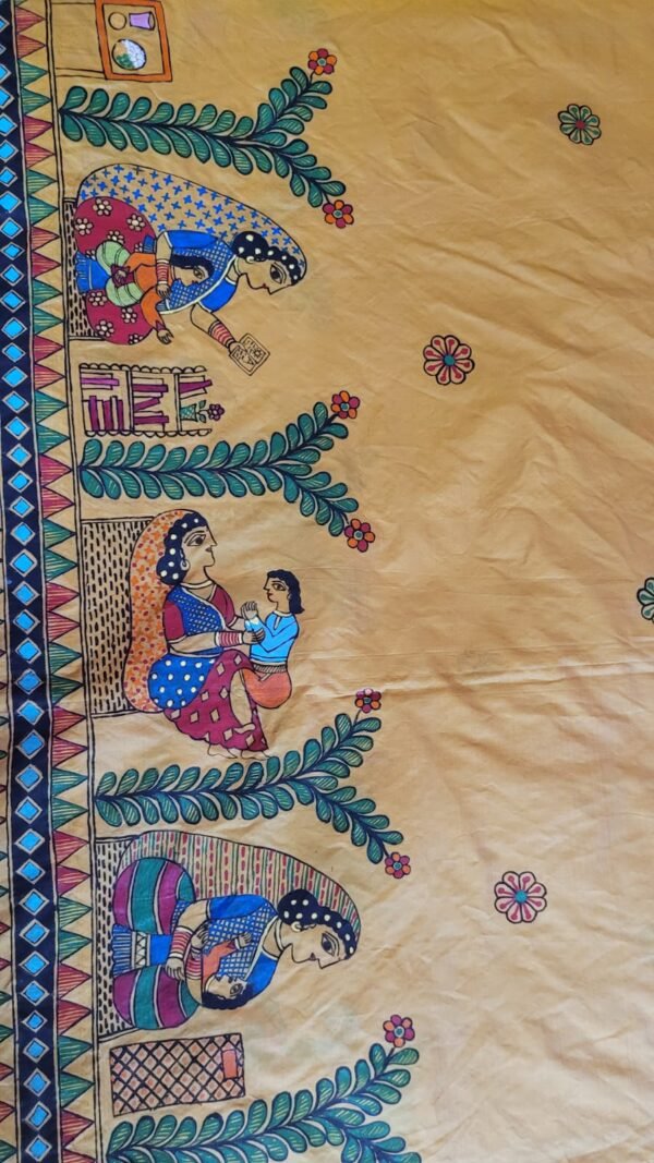 Vatsalya (mother's love) hand painted Mulberry silk golden yellow saree - Image 4