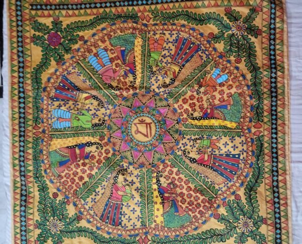 Vatsalya (mother's love) hand painted Mulberry silk golden yellow saree