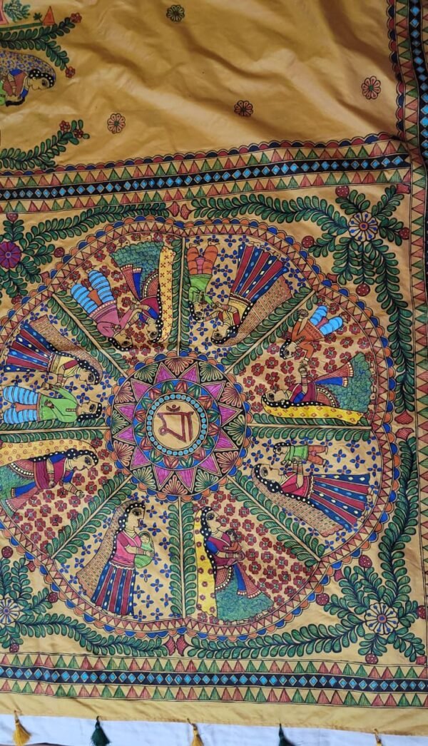 Vatsalya (mother's love) hand painted Mulberry silk golden yellow saree - Image 6
