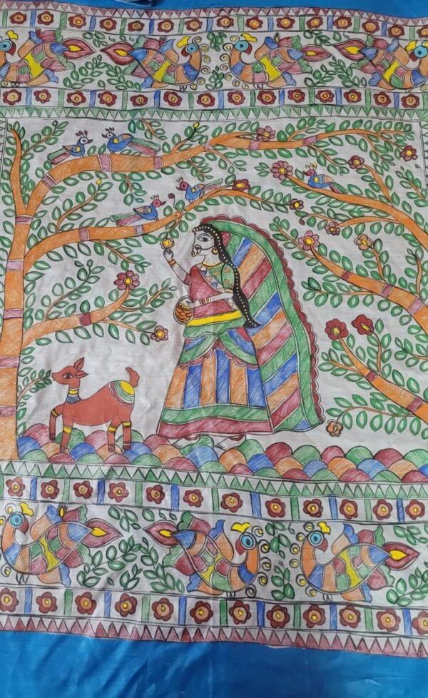 "A girl and peacock" hand painted Munga Tussar silk madhubani saree - Image 2