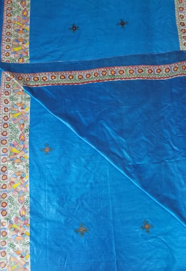 "A girl and peacock" hand painted Munga Tussar silk madhubani saree - Image 3