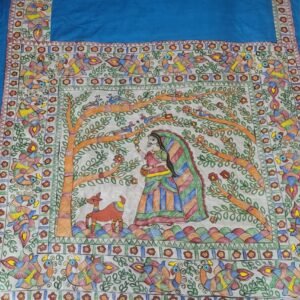 "A girl and peacock" hand painted Munga Tussar silk madhubani saree