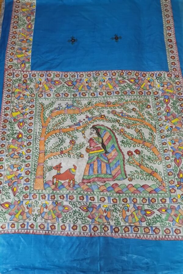 "A girl and peacock" hand painted Munga Tussar silk madhubani saree