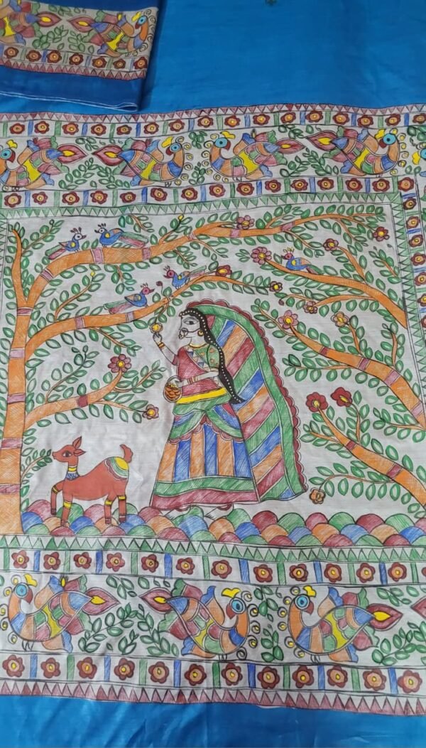 "A girl and peacock" hand painted Munga Tussar silk madhubani saree - Image 5